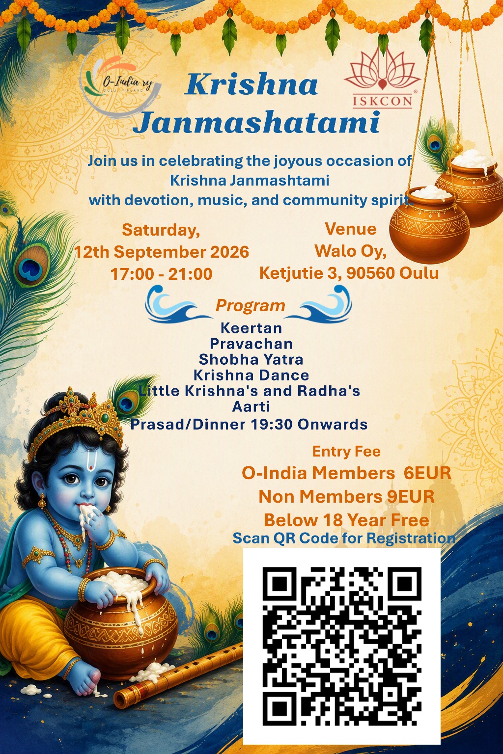 O-India Krishna Janmashtami 2026 flyer with program, entry fees and registration QR code